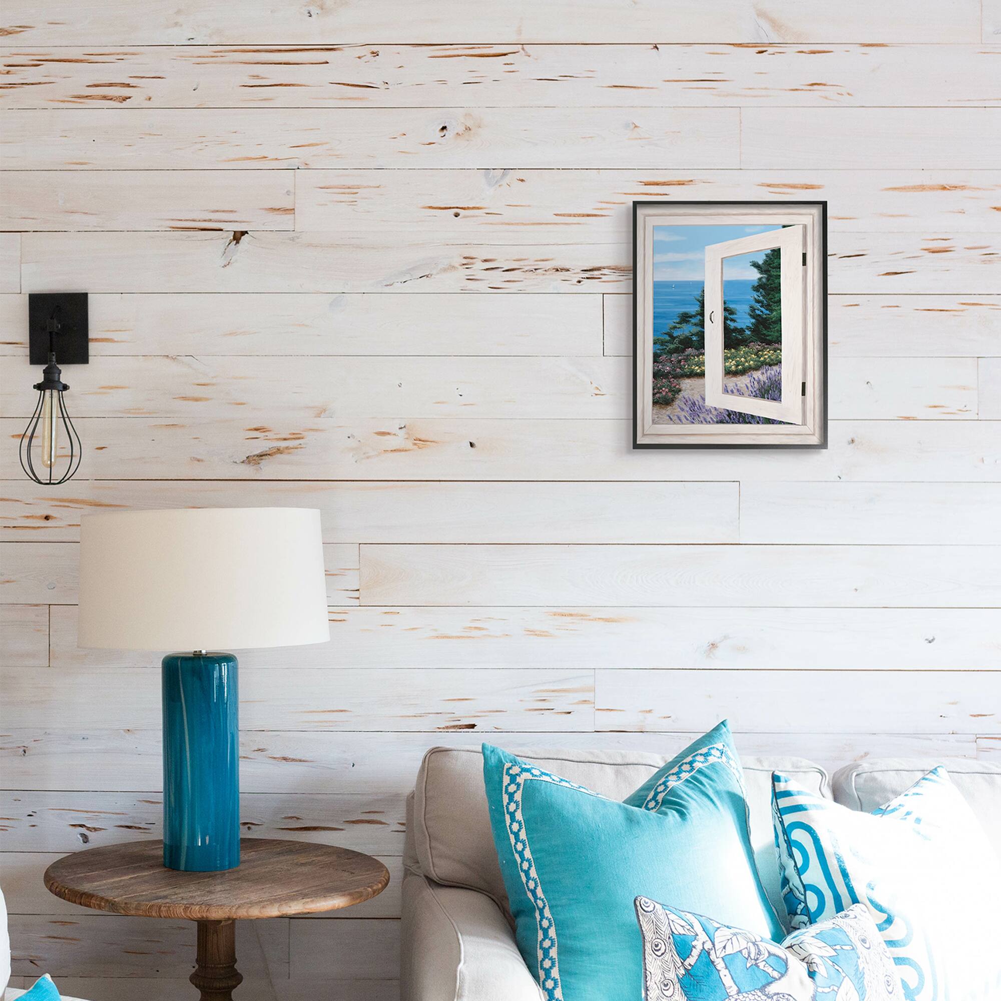 Stupell Industries Coastal View From Window Distant Boats on Ocean in Frame Wall Art